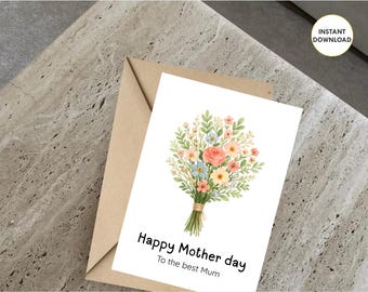 Floral Mother’s Day Printable Card for Mom, Editable Greeting Card Template, Instant Download 5x7 Foldable Gift from Daughter Son