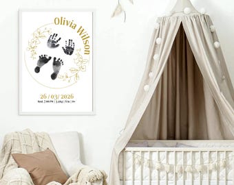 Personalized Baby Footprint/Handprint Art Print - Custom Newborn Birth Announcement – Editable Nursery Wall Art Instant Download