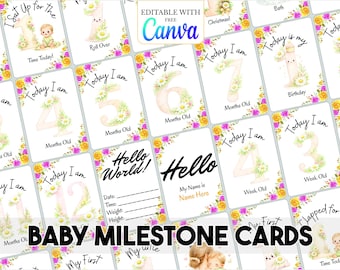Floral Watercolor Baby Milestone Cards Printable Set of 32 | First Year Memory Photo Props | Newborn Baby Shower Gift | Instant Download
