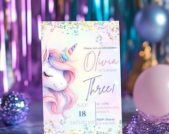 Unicorn Birthday Invitation Template Design, Watercolor Pastel Rainbow Sparkle Party Printable , Editable Canva Invite for Girls