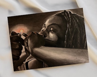 Exhhale Art Print l Black Woman Charcoal Portrait l  Moody Relaxing Wall Decor