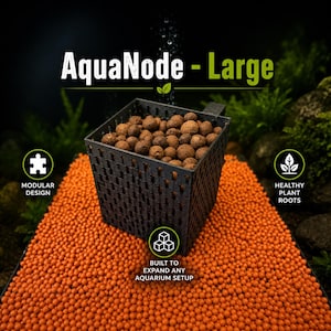 May include: A black square plastic planter with a grid-like side pattern filled with brown clay pebbles. The text AquaNode - Large appears at the top, with icons and text labels Modular Design, Healthy Plant Roots, and Built to Expand Any Aquarium Setup.