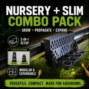 Può includere: Un kit combinato vivaio e slim per acquari in plastica nera con design modulare e molteplici aperture circolari per i vasi delle piante. Il testo include NURSERY + SLIM COMBO PACK, GROW, PROPAGATE, EXPAND, 2-IN-1 SETUP, 2 POD SIZE OPTIONS, MODULAR & EXPANDABLE, VERSATILE. COMPACT. MADE FOR AQUARIUMS.
