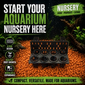 May include: A black plastic aquarium plant propagation rack with an 8-pod design. The text reads: START YOUR AQUARIUM NURSERY HERE, NURSERY GROW PROPAGATE EXPAND, 8 POD DESIGN, HEALTHY ROOT GROWTH, MODULAR & EXPANDABLE, COMPACT. VERSATILE. MADE FOR AQUARIUMS.