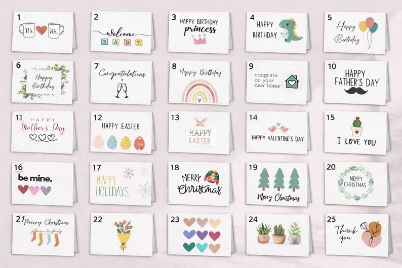 Puede incluir: Una colecci&oacute;n de 25 tarjetas de felicitaci&oacute;n con varios dise&ntilde;os y mensajes. Las tarjetas presentan temas como cumplea&ntilde;os, festividades, amor y felicitaciones. Los dise&ntilde;os incluyen ilustraciones de dinosaurios, arco&iacute;ris, corazones y flores. Las tarjetas son blancas con texto y gr&aacute;ficos coloridos.