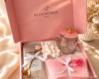 Hot Chocolate Gift Box, Gift for Women, Birthday Gift for Her, Cozy Gift Box, Self Care Gift, Pink Care Package, Marshmallow Gift