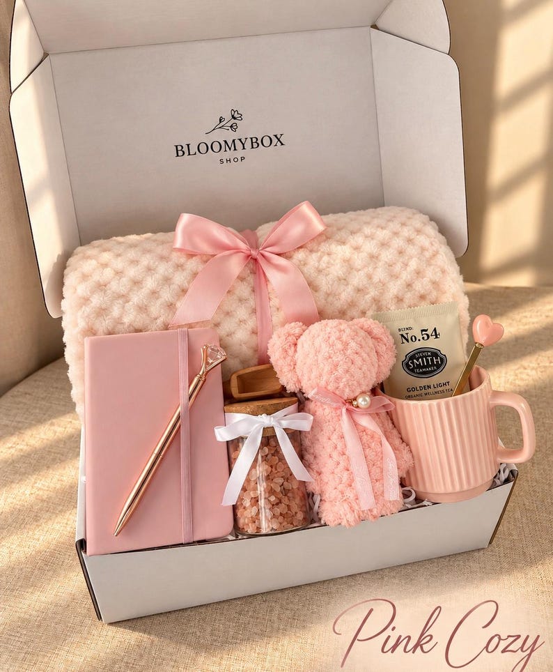 Caja de regalo rosa para relajarse, ideal para mujeres. Cesta de spa acogedora. Paquete de autocuidado para aliviar el estrés. Un regalo encantador y reconfortante. Pink Cozy Bax