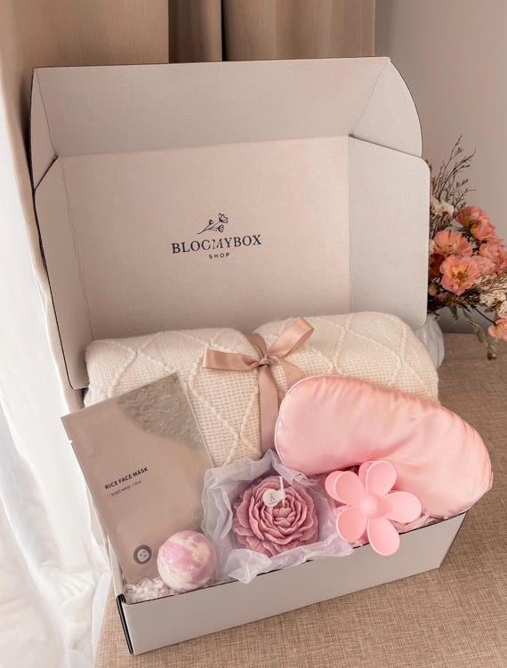 Pink Relaxation Gift Box for Women, Cozy Spa Basket, Stress Relief Self Care Package, Cute Comfort Gift
