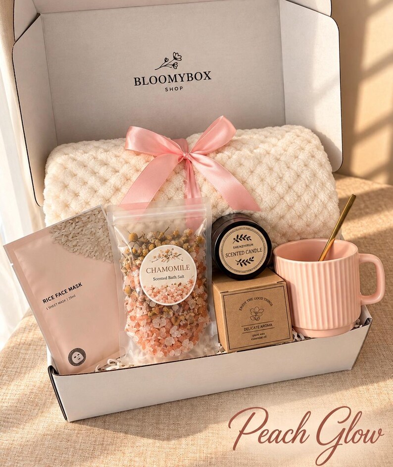 Caja de regalo rosa para relajarse, ideal para mujeres. Cesta de spa acogedora. Paquete de autocuidado para aliviar el estrés. Un regalo encantador y reconfortante. Peach Glow Box