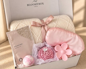 Pink Relaxation Gift Box for Women, Cozy Spa Basket, Stress Relief Self Care Package, Cute Comfort Gift