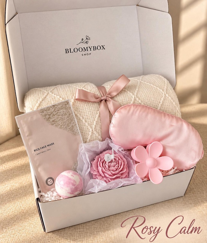 Caja de regalo rosa para relajarse, ideal para mujeres. Cesta de spa acogedora. Paquete de autocuidado para aliviar el estrés. Un regalo encantador y reconfortante. imagen 1