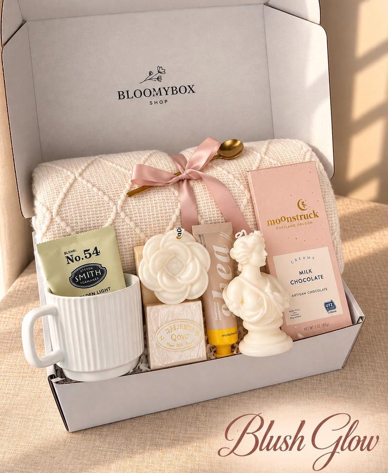 Caja de regalo rosa para relajarse, ideal para mujeres. Cesta de spa acogedora. Paquete de autocuidado para aliviar el estrés. Un regalo encantador y reconfortante. Blush Glow Box