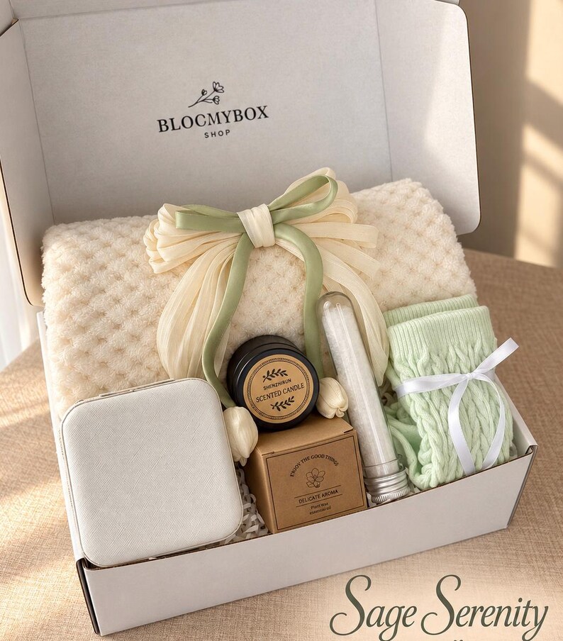 Caja de regalo rosa para relajarse, ideal para mujeres. Cesta de spa acogedora. Paquete de autocuidado para aliviar el estrés. Un regalo encantador y reconfortante. Sage Serenity Box