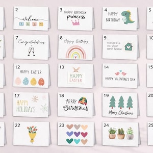 May include: A collection of twenty-five white greeting cards featuring various illustrations and text including Happy Birthday, Happy Father's Day, Happy Mother's Day, Happy Easter, Happy Valentine's Day, Merry Christmas, and Thank You.