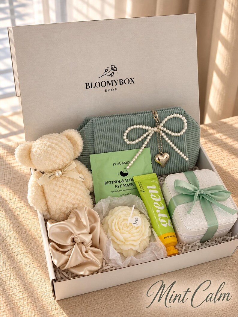 Caja de regalo rosa para relajarse, ideal para mujeres. Cesta de spa acogedora. Paquete de autocuidado para aliviar el estrés. Un regalo encantador y reconfortante. Mint Calm Box