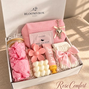 Caja de regalo rosa para relajarse, ideal para mujeres. Cesta de spa acogedora. Paquete de autocuidado para aliviar el estrés. Un regalo encantador y reconfortante. imagen 9