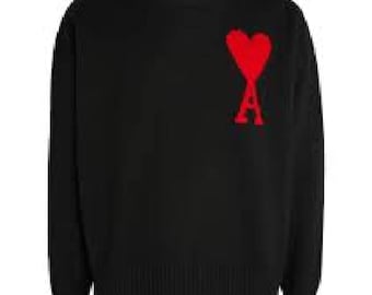 AMI Paris Heart  Cotton Blend Sweater | Minimalist Red Heart Pullover | Unisex Oversized Winter Knitwear