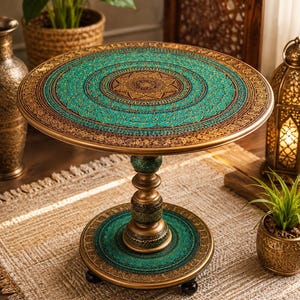 May include: A round side table featuring a gold and teal finish with intricate, detailed patterns covering the circular top, the central pedestal base, and the circular bottom stand, supported by small, dark, rounded feet at the base.