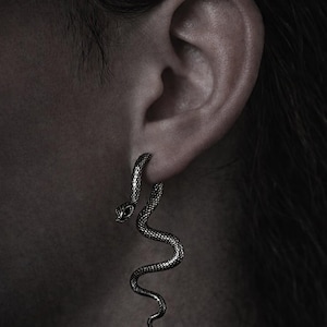 May include: A pair of silver-coloured snake earrings. The earrings feature scale detailing and a snake head. The earrings are worn on an ear, with the snake's body hanging below the earlobe. The background is dark.