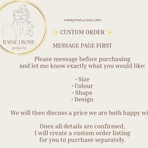 May include: A cream-coloured graphic with text promoting custom orders. The text includes "RAINE J ROSE pressons", "CUSTOM ORDER", and instructions to message before purchasing. Details needed are size, colour, shape, and design. A gold circular logo with a woman's face and butterflies is also present.
