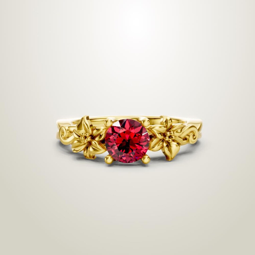 Gold Vermeil Red Ruby Ring, Floral Band, Botanical Motif Bridal Jewelry ...