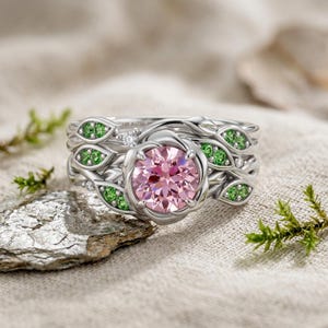 Pink Morganite Gemstone Leaf and Thorn Motif Engagment Ring Commitment Gift for Her