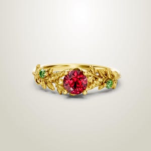 Gold Vermeil Leaf Ring with Red Ruby and Green Gemstones Accent, Nature Inspired Gift for Her
