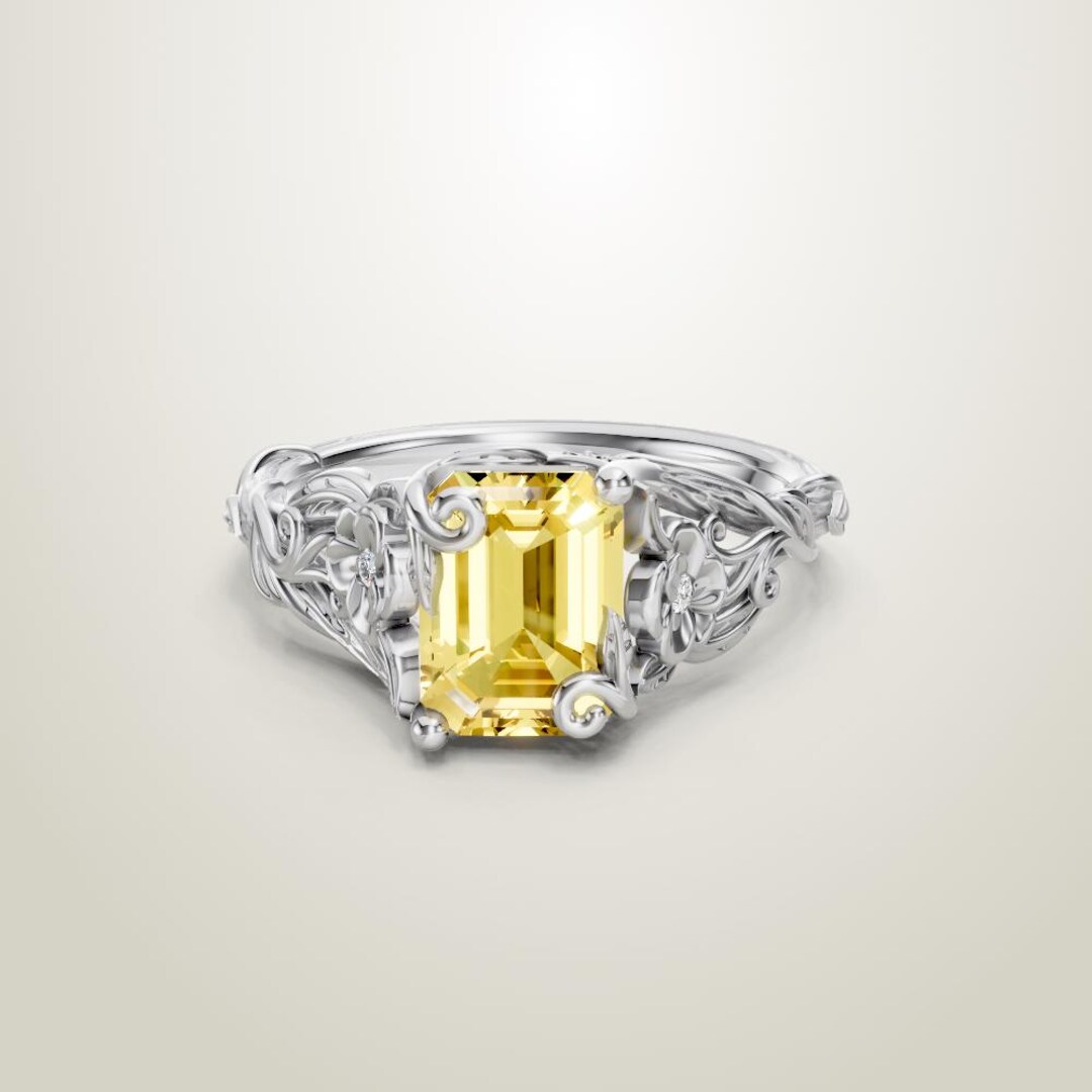 Rectangular Promise Emerald Cut Citrine Ring, 18k Gold Vermeil Leafy Vine Band, Yellow ...