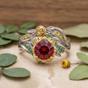 Red Ruby Rose Bridal Set, 18k Gold Vermeil and Silver Two Tone Flower Ring, Botanical Wedding Set, Nature Inspired Anniversary Gift
