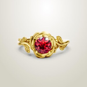 18K Gold Vermeil Ruby Rose Engagement Ring, Nature Inspired Floral Wedding Band, Unique Red Stone Solitaire, Botanical Promise Ring
