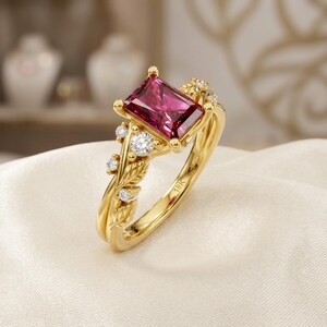 18K Gold Vermeil Radiant Cut Ruby Engagement Ring, Leaf and Vine Design, Red Rectangular Gemstone Wedding Jewelry Gift for Her