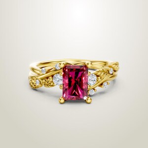 18K Gold Vermeil Radiant Cut Ruby Engagement Ring, Leaf and Vine Design, Red Rectangular Gemstone Wedding Jewelry Gift for Her