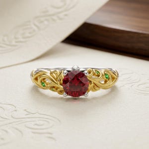 Intricate Ruby Engagement Ring, Two Tone 18K Yellow And White Gold Vermeil Vine Ring, Nature Inspired Elven Wedding Band, Twig Ring