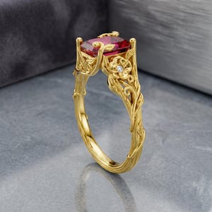 Emerald Cut Ruby Ring, 18k Gold Vermeil Leafy Vine Band, Red Gemstone Jewelry, Rectangular Stone Promise Ring, Unique Gift for Women
