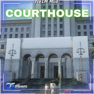 Könnte beinhalten: Ein großes, mehrstöckiges Gerichtsgebäude mit dem Wort "COURTHOUSE" in großen, grünen Buchstaben. Das Gebäude besteht aus hellfarbenem Stein und verfügt über gewölbte Eingänge, Säulen und eine Treppe, die zum Haupteingang führt. Der Text "FIVE MLO" steht oben.