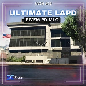 Könnte beinhalten: Ein digitales Bild eines modernen Gebäudes mit dem Text "ULTIMATE LAPD" und "FIVE MLO". Eine amerikanische Flagge ist zu sehen. Das Gebäude hat große Fenster und ein Schild mit der Aufschrift "MISSION STATION".