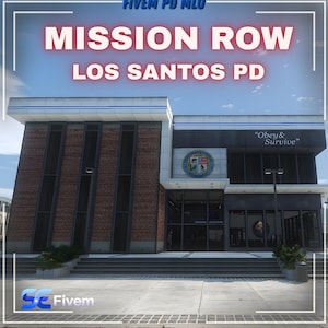 May include: An exterior shot of a building with the text "MISSION ROW LOS SANTOS PD" in red and white. The building has a brick facade and large windows. The words "FIVE PD MLO" are at the top. The logo of "SC Fivem" is at the bottom.