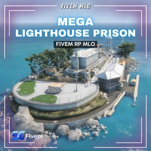 Puede incluir: Una representación digital de un complejo penitenciario costero, con un faro, helipuerto y varios edificios. El texto "MEGA LIGHTHOUSE PRISON" se muestra de forma destacada, junto con "FIVE MLO" y "FIVE M RP MLO". La escena está ambientada sobre un fondo de agua y cielo azules.