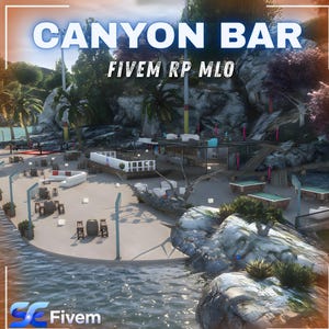 Puede incluir: Vista aérea de un bar costero con el texto "CANYON BAR FIVE M RP MLO". La escena incluye palmeras, mesas, sillas y una masa de agua. El bar tiene un diseño moderno con detalles en blanco y azul.