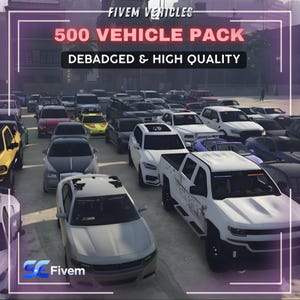 Könnte beinhalten: Eine Aufnahme von vielen Fahrzeugen, darunter Autos und Lastwagen, die im Freien geparkt sind. Der Text auf dem Bild lautet "500 Vehicle Pack" und "Debadged & High Quality."