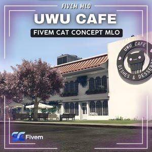 May include: Exterior view of a cafe with the text "UWU CAFE" and "FIVE M CAT CONCEPT MLO". The building has a white facade, arched windows, and a sign featuring a cat and the words "Dishes & Desserts".