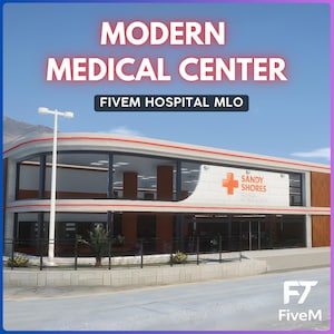 Op de afbeelding: Een modern medisch centrumgebouw met grote ramen en een rood kruissymbool. De tekst "MODERN MEDICAL CENTER" en "FIVE M HOSPITAL MLO" worden bovenaan weergegeven. Het gebouw heeft een bord met de tekst "SANDY SHORES MEDICAL CENTER".
