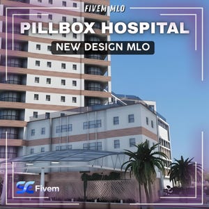 May include: A modern hospital building with the text "PILLBOX HOSPITAL" and "NEW DESIGN MLO". The building has a white and brown facade, glass windows, and a covered entrance. Palm trees are in the foreground.