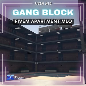 May include: An image of a multi-storey building interior with the text "GANG BLOCK" and "FIVE APARTMENT MLO". The building features brick walls, multiple levels, and an open central area. The Fivem logo is in the bottom left corner.