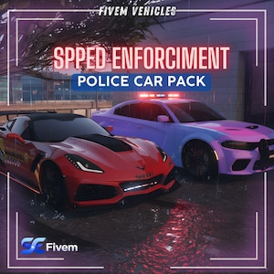 Op de afbeelding: Afbeelding van een rode sportwagen en een blauwe politieauto met de tekst "SPEED ENFORCEMENT POLICE CAR PACK" en "Fivem Vehicles". De rode auto heeft het woord "SHERIFF" op de voorkant. Achtergrond is nat.