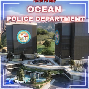 May include: An architectural rendering of the Ocean Police Department, featuring two tall, modern buildings with reflective glass facades. The image includes the text "OCEAN POLICE DEPARTMENT" and the "City of Los Santos" seal. A helipad is visible.