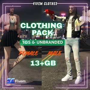 Puede incluir: Anuncio de un pack de ropa, con modelos femeninos y masculinos. El texto de la imagen dice "FIVE M CLOTHES", "CLOTHING PACK", "TOS & UNBRANDED", "FEMALE", "MALE" y "13+ GB".