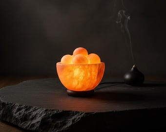 Himalayan Salt Lamp Bowl with Massage Balls Pink Crystal Lamp Dimmable Night Light Wooden Base Meditation Decor Gift