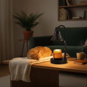 May include: A black candle warmer with a patterned shade and a lit candle on a wooden table. An orange cat is sleeping on a beige blanket. A green sofa and a bookshelf are in the background. A mug and a book are also on the table.