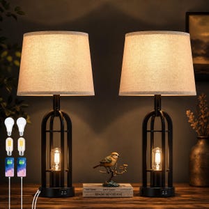 Farmhouse Table Lamp Set of 2 with USB Ports, Bedside Nightstand Lamps, Industrial Black Lamp for Living Room Bedroom Lighting